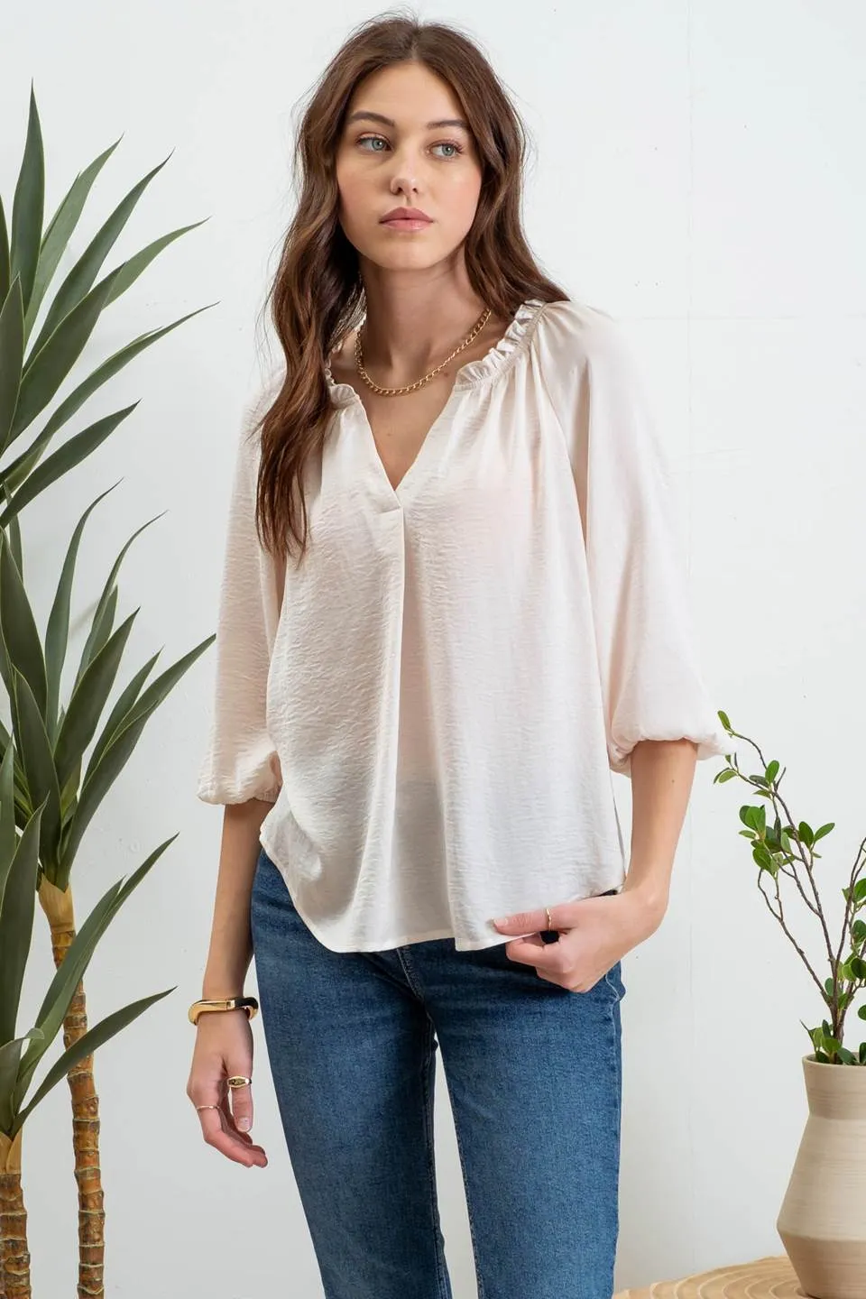 SPLIT NECK 3/4 BALLOON SLEEVE BLOUSE sold by Blu Pepper product image thumbnail 5