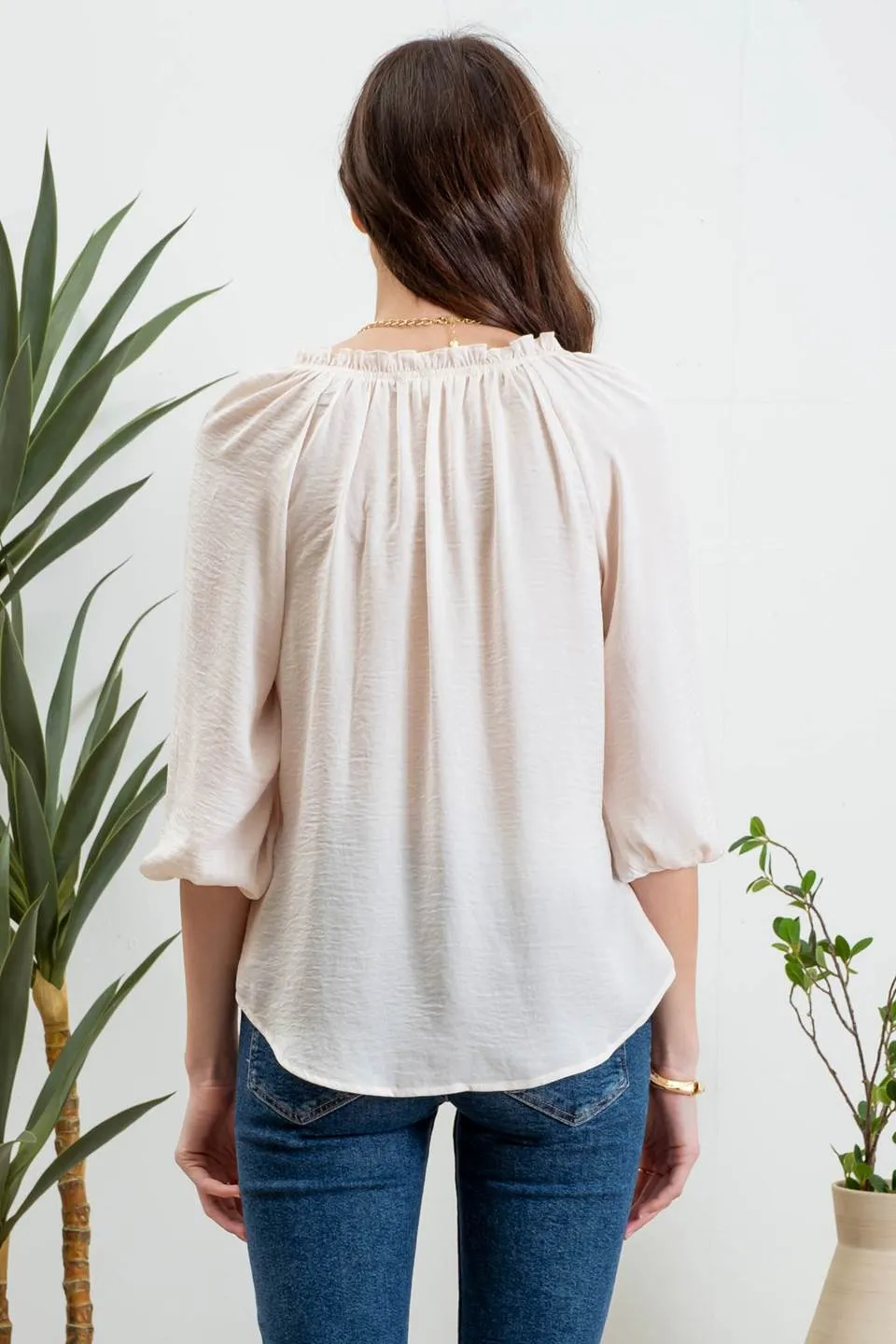 SPLIT NECK 3/4 BALLOON SLEEVE BLOUSE sold by Blu Pepper product image thumbnail 2