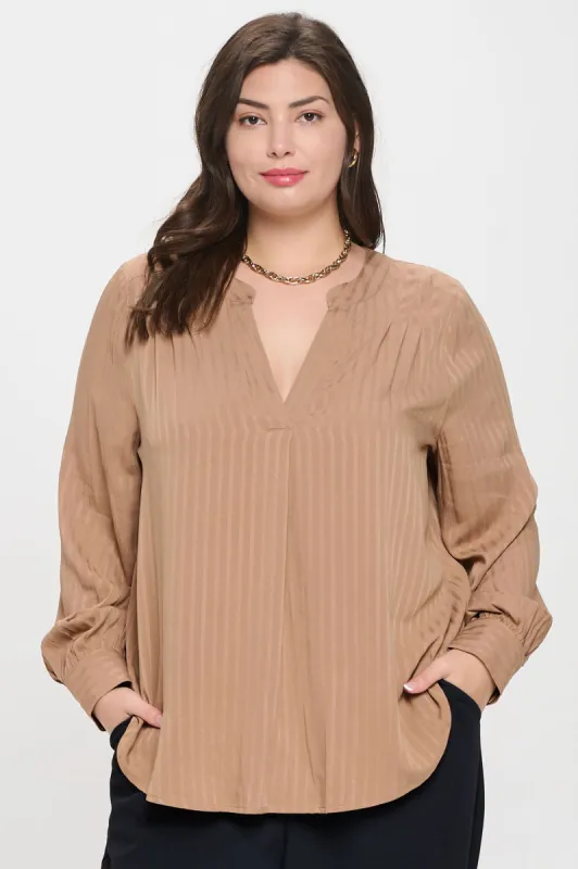 PLUS STRIPE PLEATED SHOULDER LONG SLEEVE BLOUSE sold by Blu Pepper