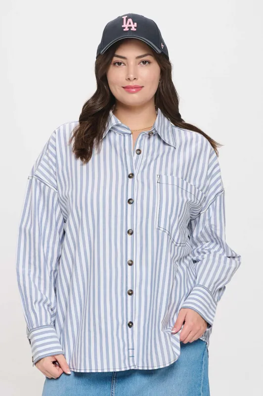 PLUS STRIPE COLLARED BUTTON DOWN LONG SLEEVE SHIRT sold by Blu Pepper
