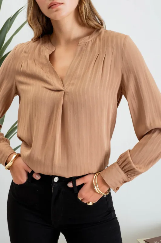 STRIPE PLEATED SHOULDER LONG SLEEVE BLOUSE sold by Blu Pepper