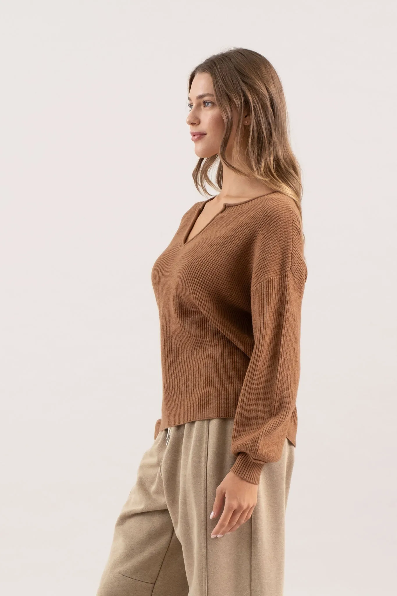 SPLIT NECK DROP SHOULDER KNIT PULLOVER SWEATER sold by Blu Pepper product image thumbnail 3