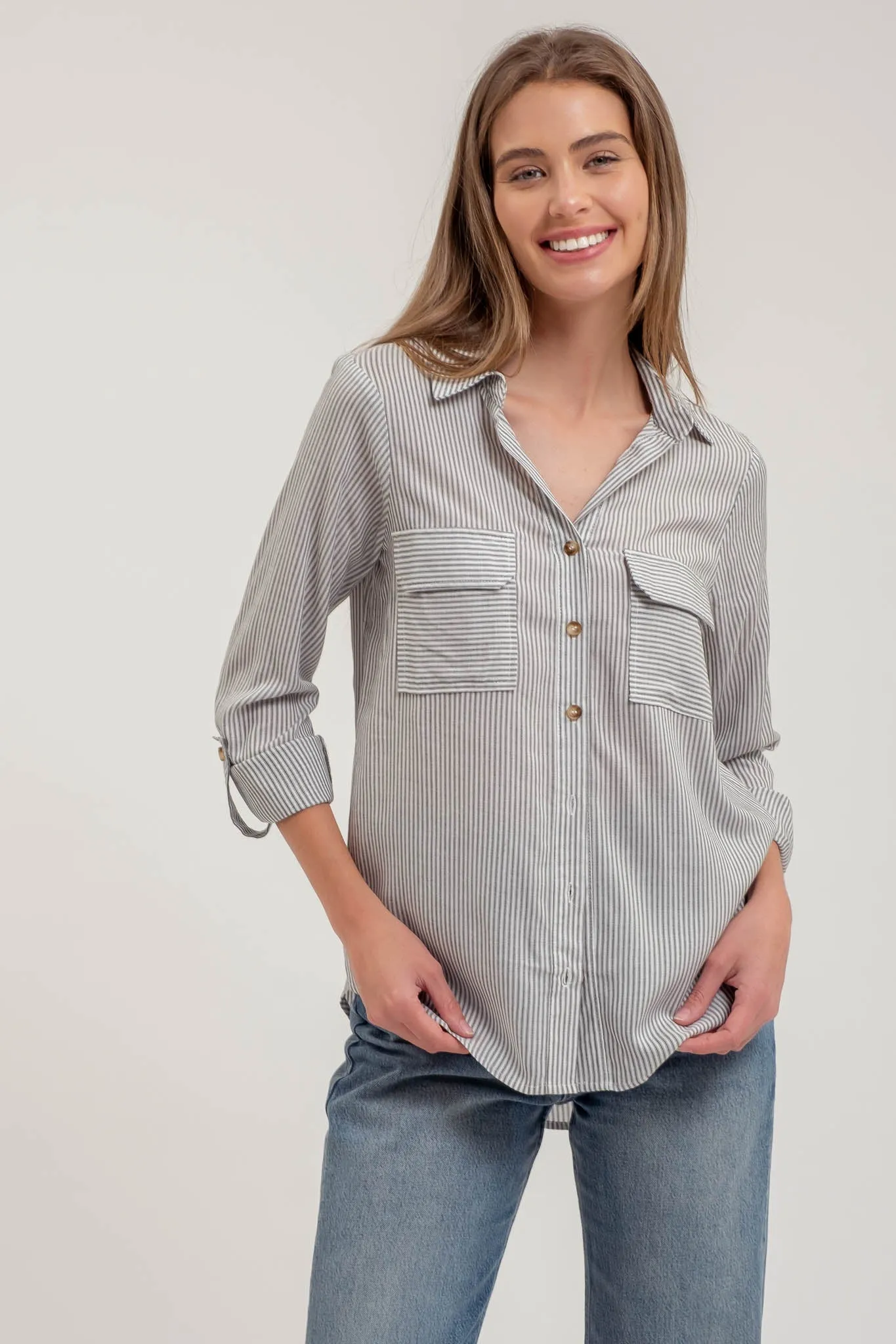 STRIPED COLLARED BUTTON DOWN WITH POCKETS sold by Blu Pepper product image thumbnail 5