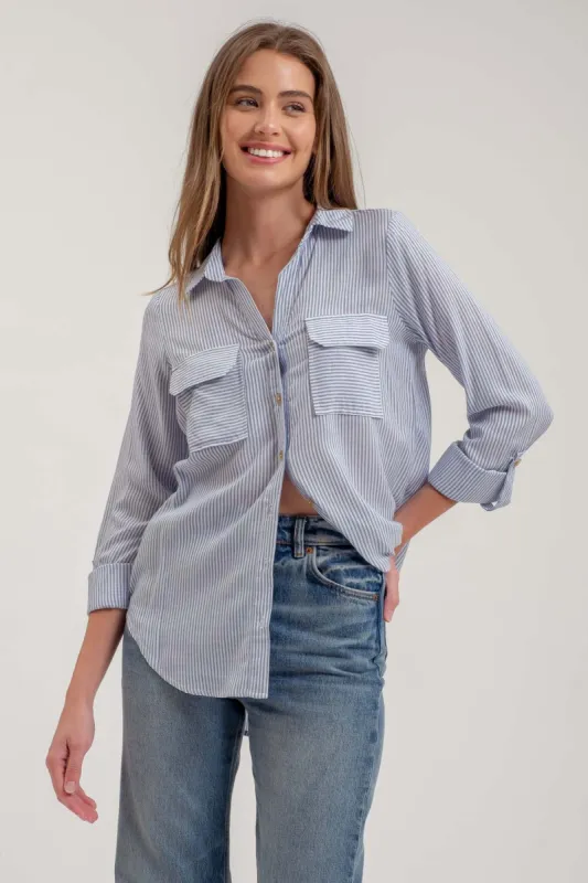 STRIPED COLLARED BUTTON DOWN WITH POCKETS sold by Blu Pepper