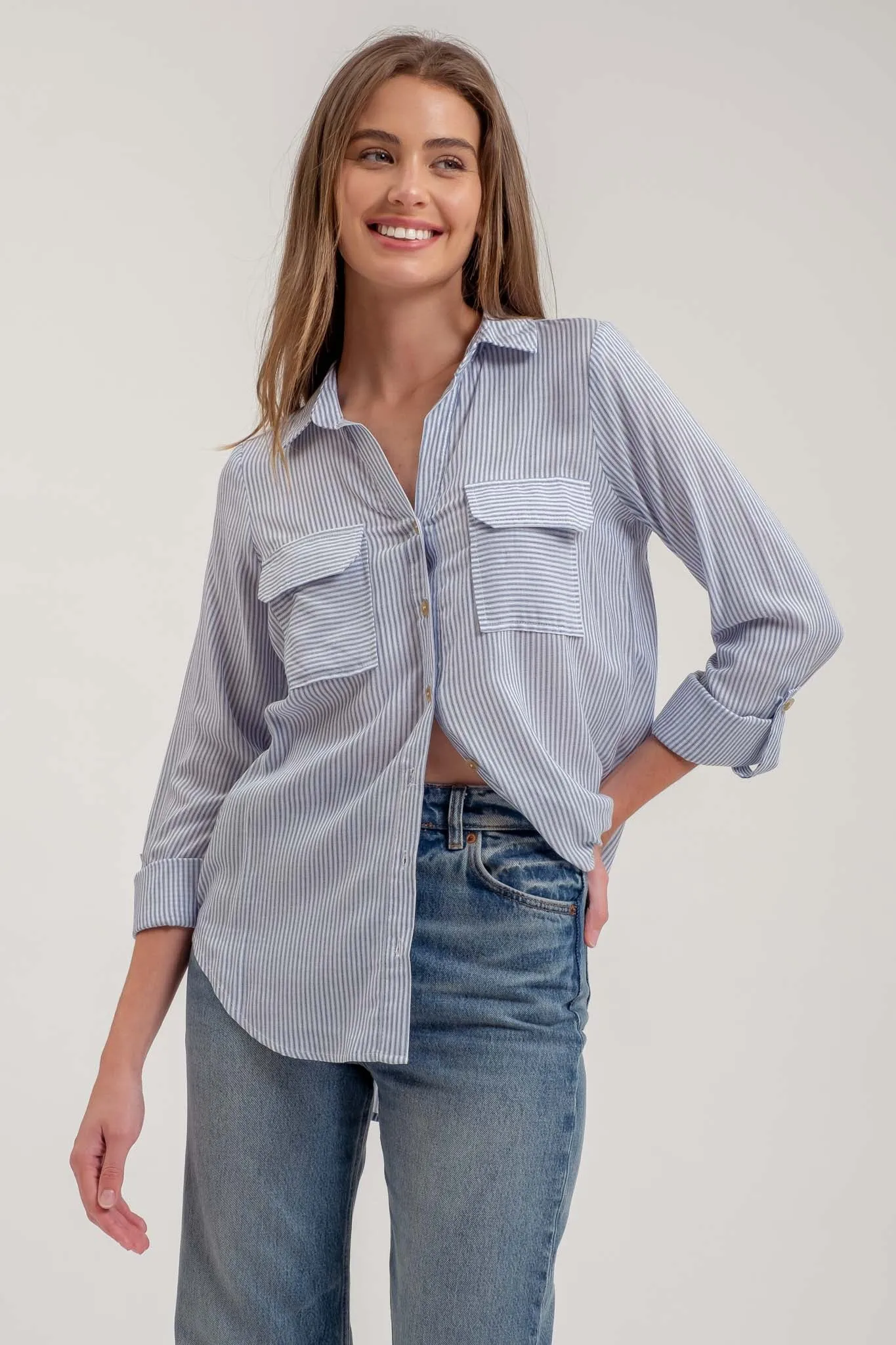 STRIPED COLLARED BUTTON DOWN WITH POCKETS sold by Blu Pepper