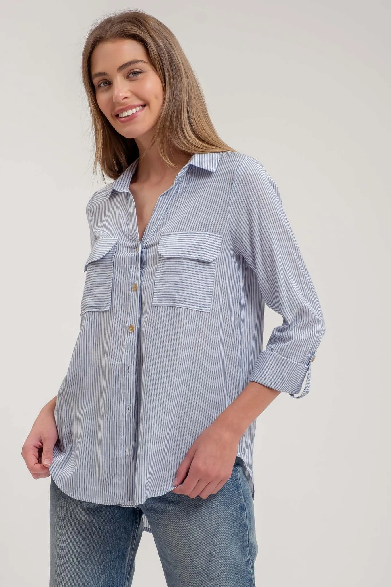 STRIPED COLLARED BUTTON DOWN WITH POCKETS sold by Blu Pepper product image thumbnail 4
