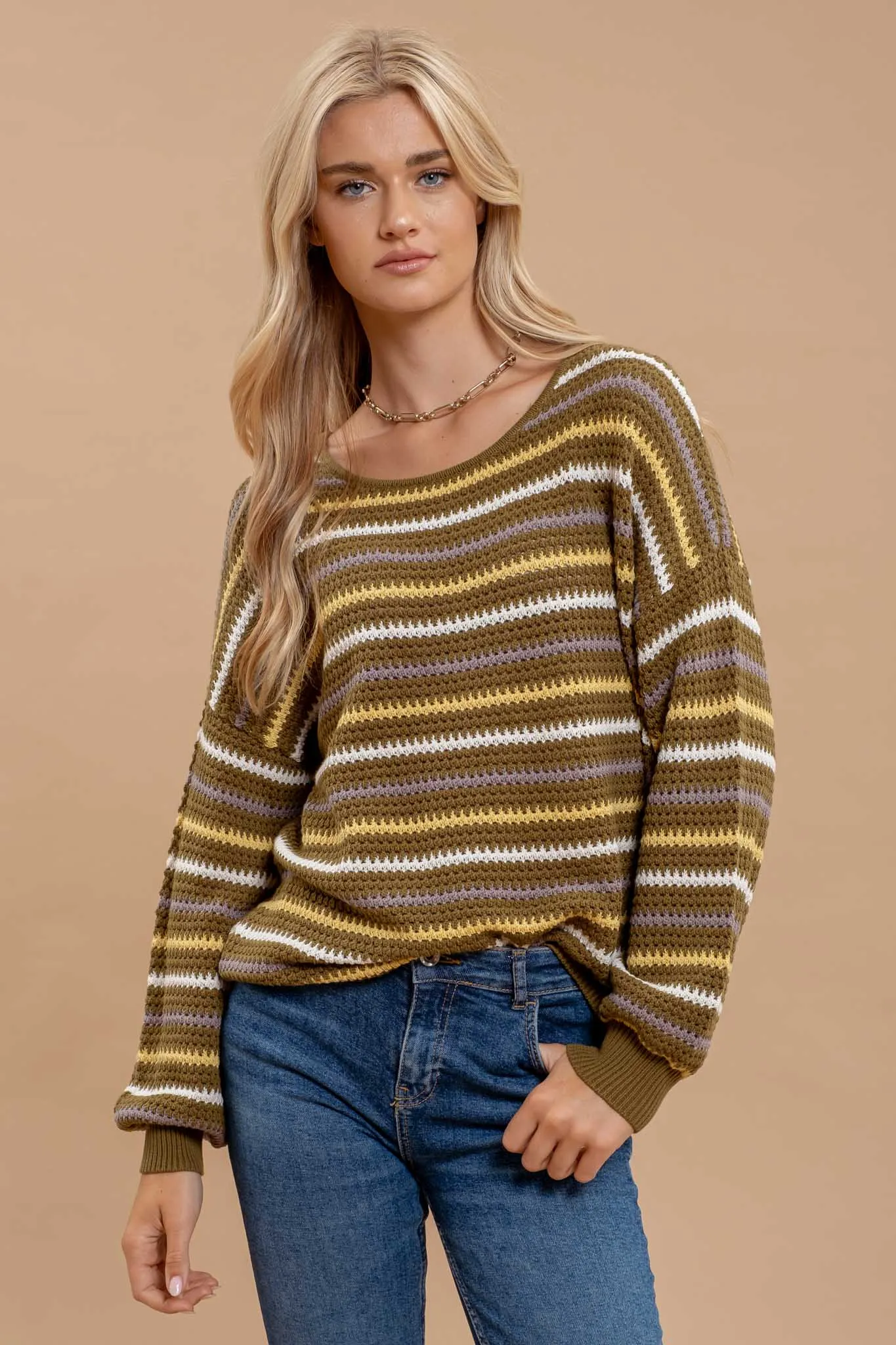 MULTICOLOR STRIPE CROCHET KNIT SWEATER sold by Blu Pepper