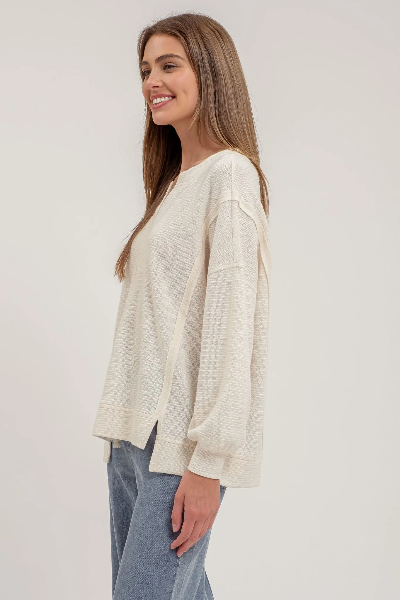 SPLIT NECK EXPOSED SEAM LONG SLEEVE KNIT TOP sold by Blu Pepper product image thumbnail 3