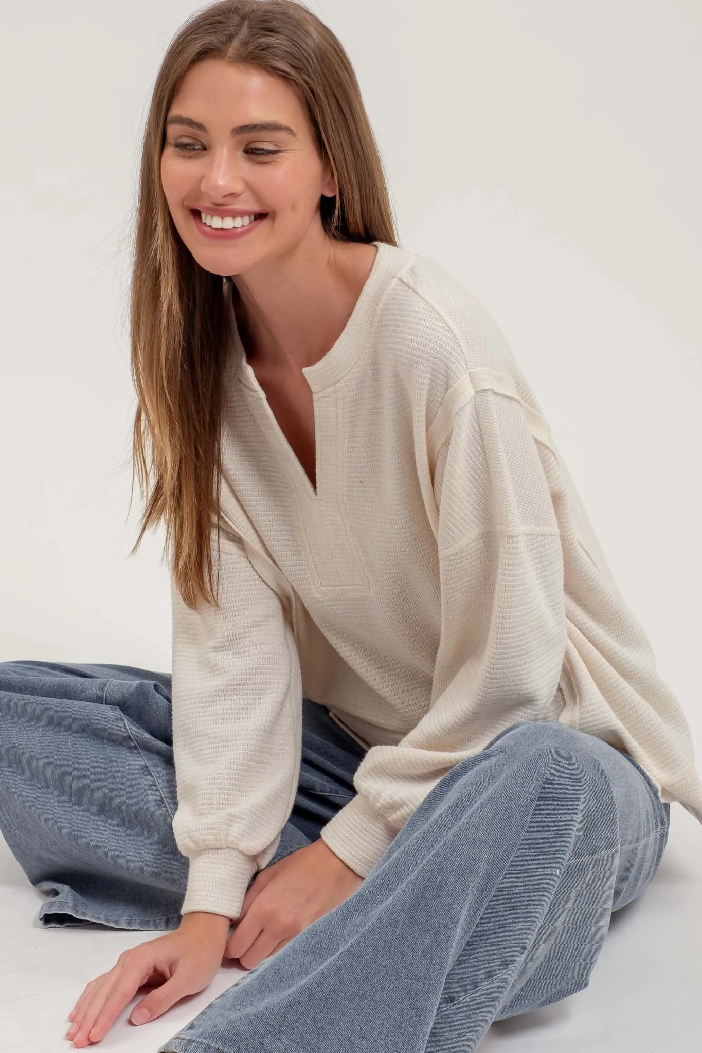 SPLIT NECK EXPOSED SEAM LONG SLEEVE KNIT TOP sold by Blu Pepper product image thumbnail 4