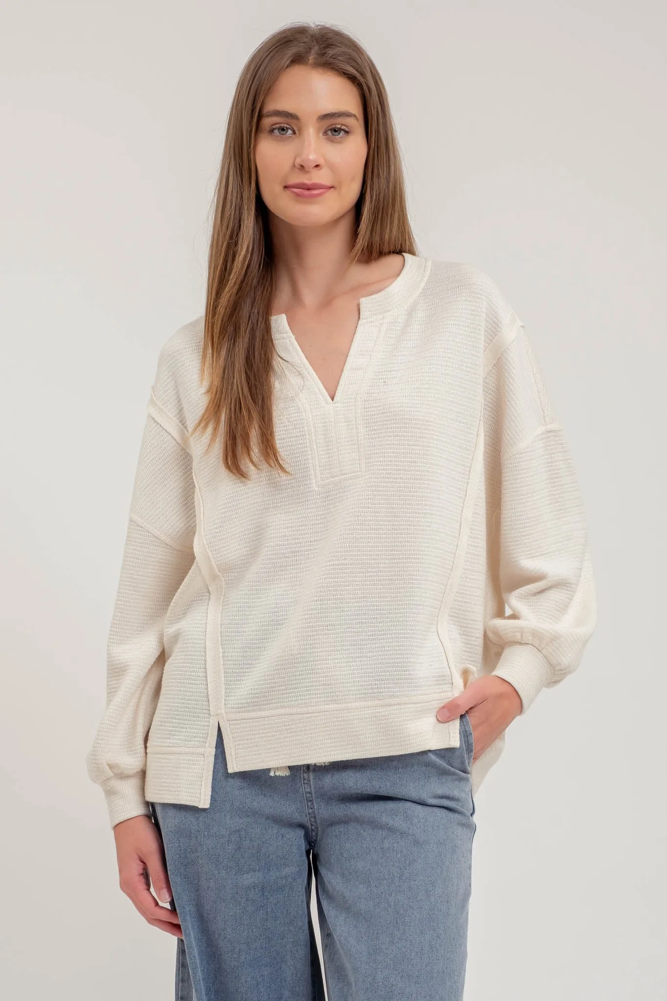 SPLIT NECK EXPOSED SEAM LONG SLEEVE KNIT TOP sold by Blu Pepper product image thumbnail 5