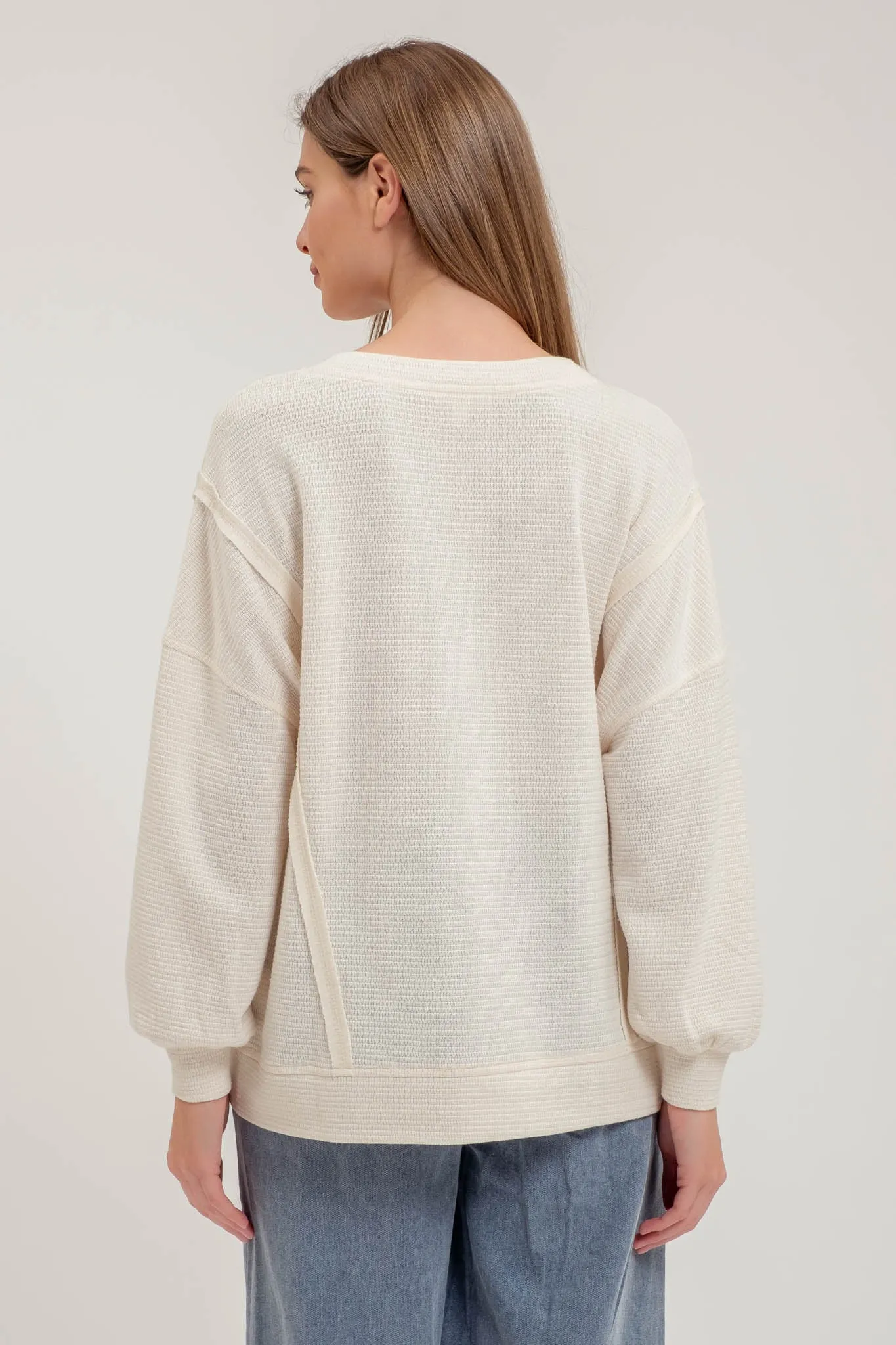 SPLIT NECK EXPOSED SEAM LONG SLEEVE KNIT TOP sold by Blu Pepper product image thumbnail 2