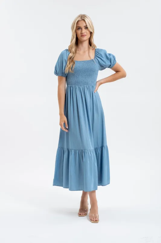 SMOCKED CHAMBRAY PUFF SLEEVE MIDI DRESS sold by Blu Pepper