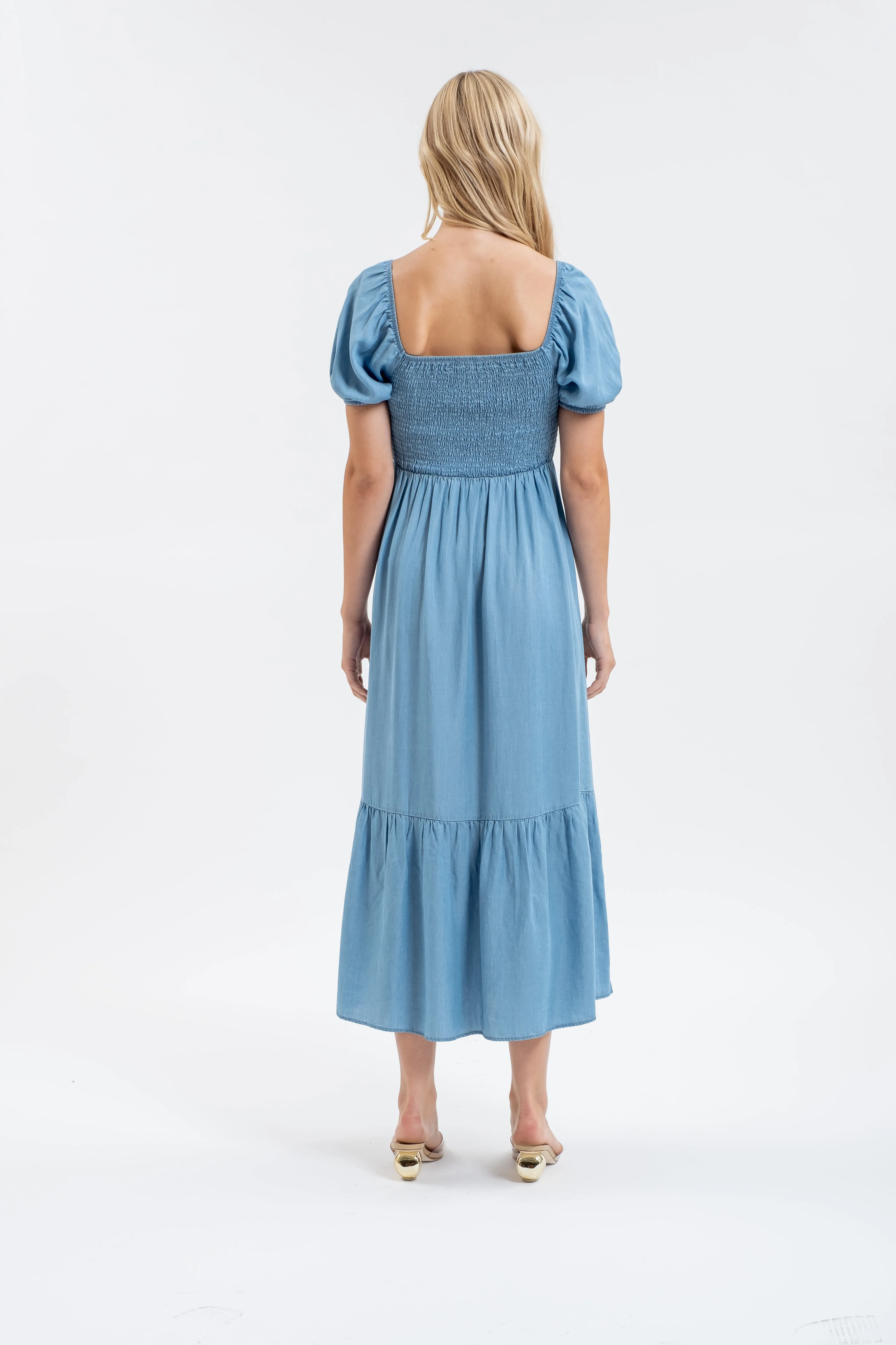 SMOCKED CHAMBRAY PUFF SLEEVE MIDI DRESS sold by Blu Pepper product image thumbnail 2