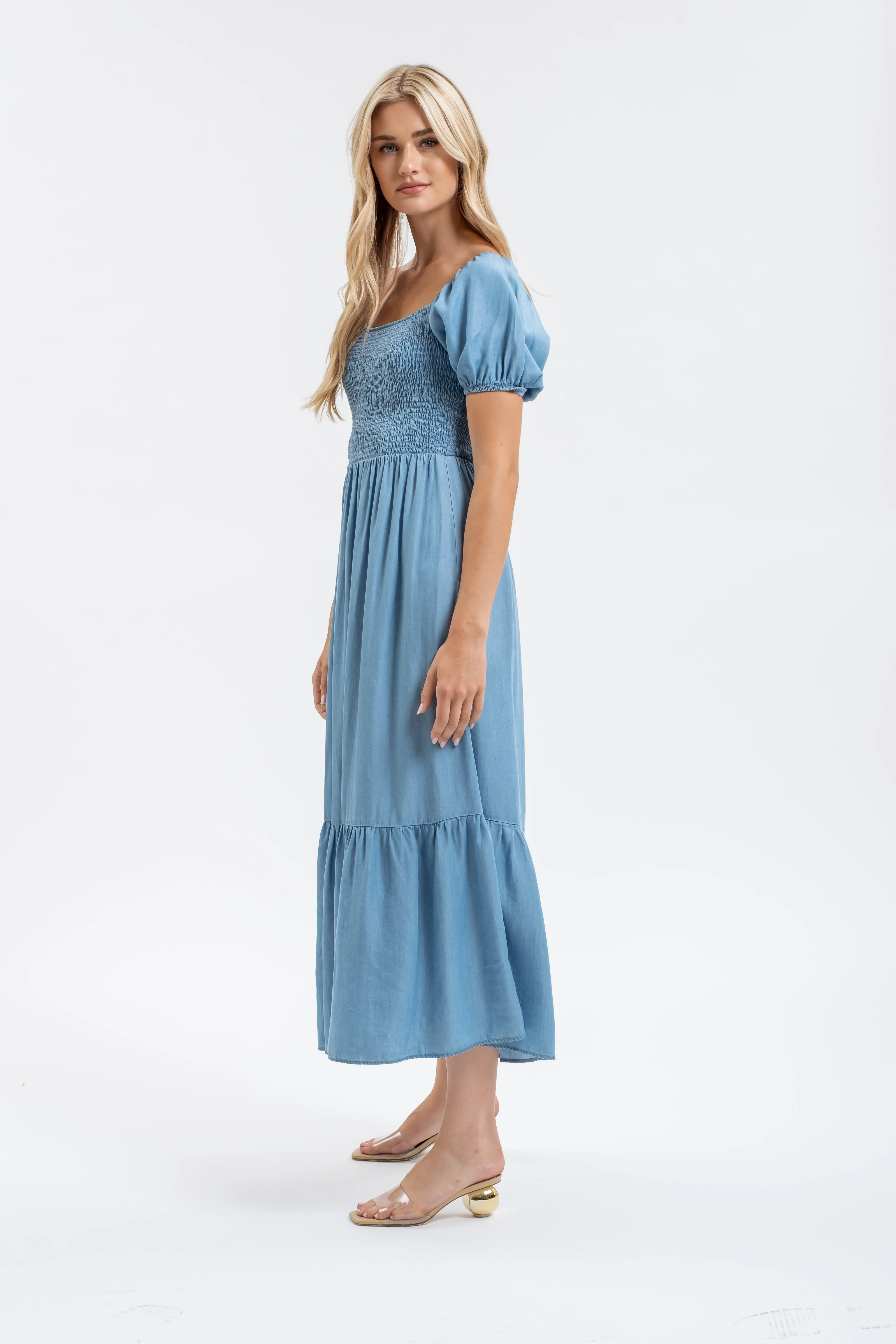 SMOCKED CHAMBRAY PUFF SLEEVE MIDI DRESS sold by Blu Pepper product image thumbnail 3