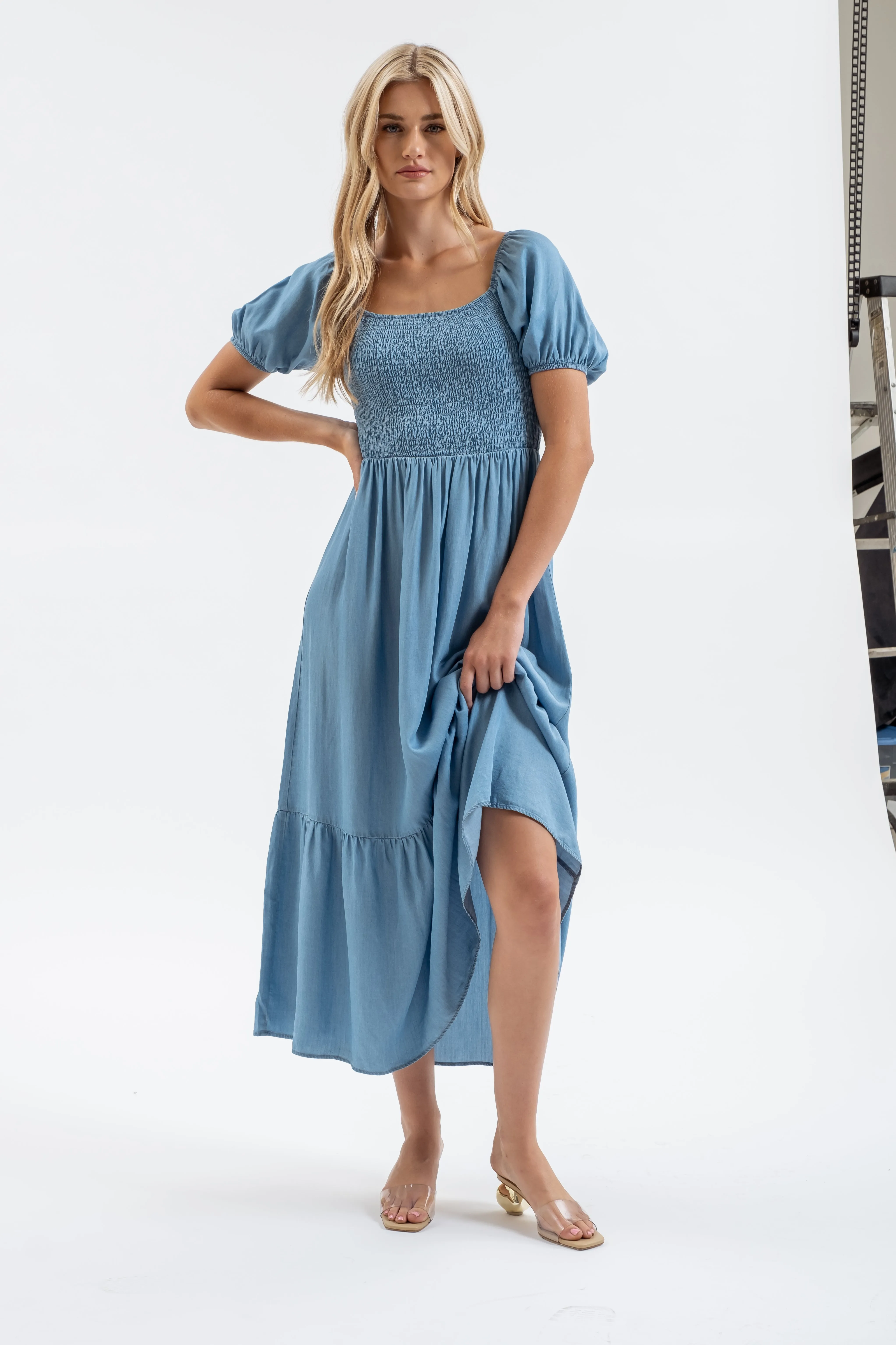 SMOCKED CHAMBRAY PUFF SLEEVE MIDI DRESS sold by Blu Pepper product image thumbnail 4