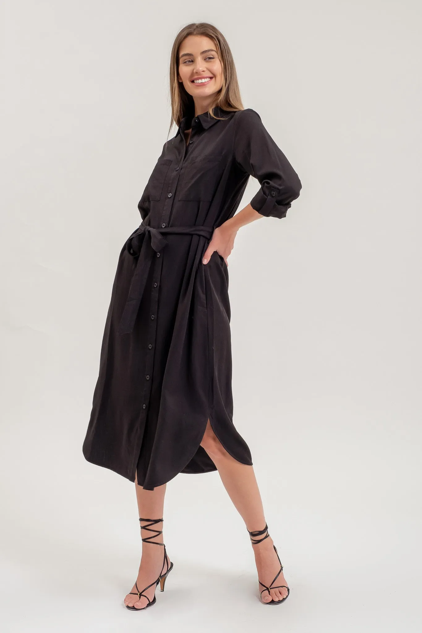 COLLARED 3/4 SLEEVE BUTTON DOWN SHIRT MIDI DRESS sold by Blu Pepper product image thumbnail 3