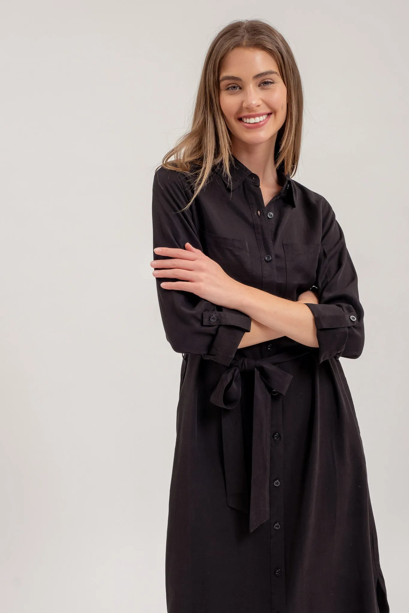 COLLARED 3/4 SLEEVE BUTTON DOWN SHIRT MIDI DRESS sold by Blu Pepper