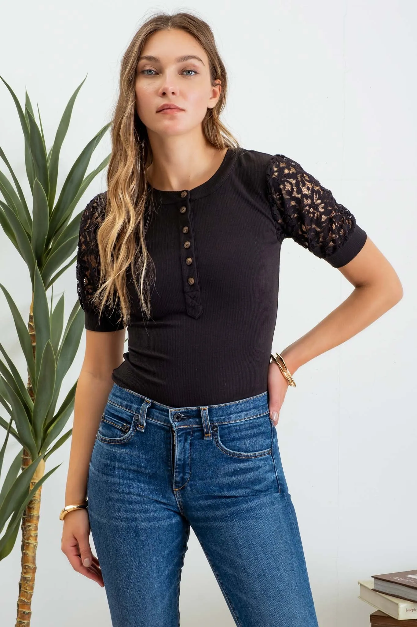 HALF BUTTON LACE PUFF SLEEVE KNIT TOP sold by Blu Pepper product image thumbnail 3