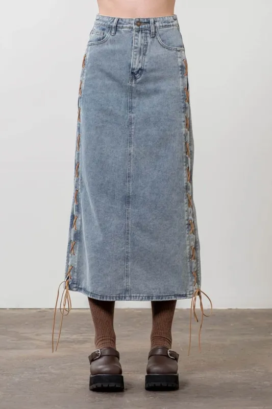 SUEDE STRAP SIDE DENIM MIDI SKIRT sold by Blu Pepper