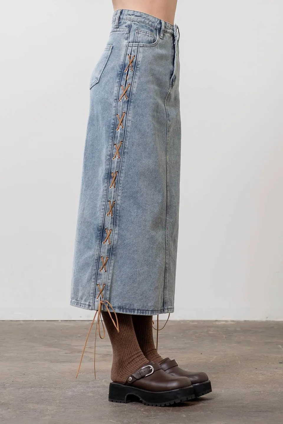 SUEDE STRAP SIDE DENIM MIDI SKIRT sold by Blu Pepper product image thumbnail 3