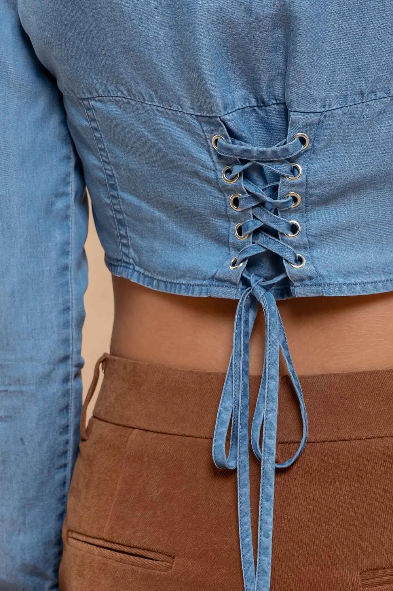 CHAMBRAY COLLARED BUTTON DOWN CORSET CROP TOP sold by Blu Pepper product image thumbnail 4