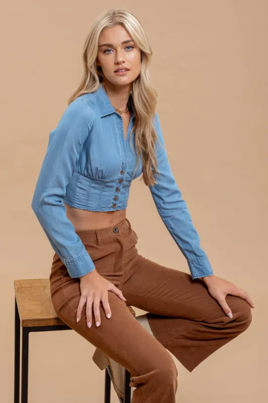 CHAMBRAY COLLARED BUTTON DOWN CORSET CROP TOP sold by Blu Pepper