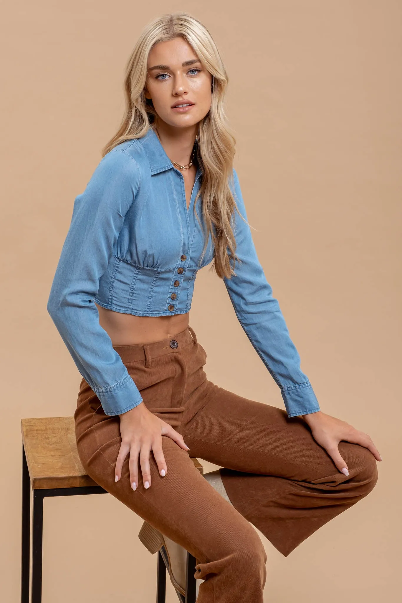 CHAMBRAY COLLARED BUTTON DOWN CORSET CROP TOP sold by Blu Pepper