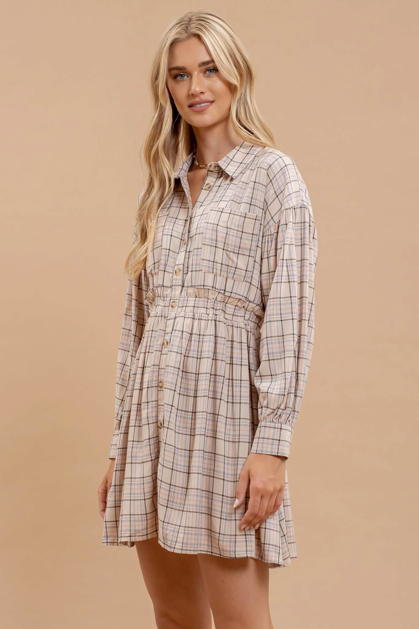 PLAID COLLARED BUTTON DOWN LONG SLEEVE DRESS sold by Blu Pepper product image thumbnail 3