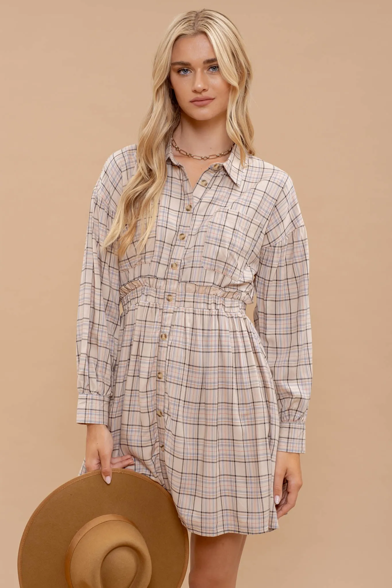 PLAID COLLARED BUTTON DOWN LONG SLEEVE DRESS sold by Blu Pepper product image thumbnail 4