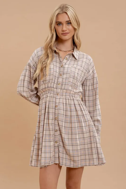 PLAID COLLARED BUTTON DOWN LONG SLEEVE DRESS sold by Blu Pepper