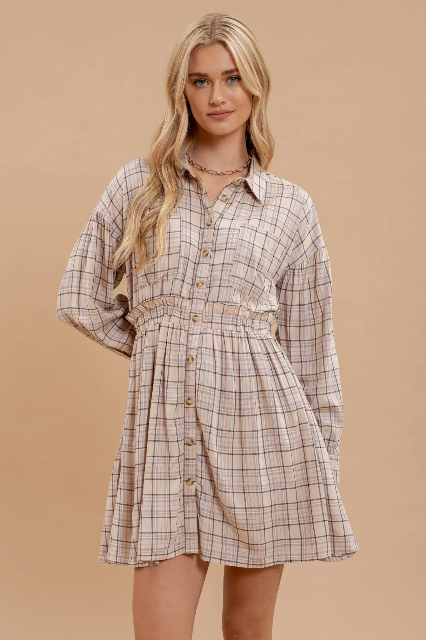 PLAID COLLARED BUTTON DOWN LONG SLEEVE DRESS sold by Blu Pepper