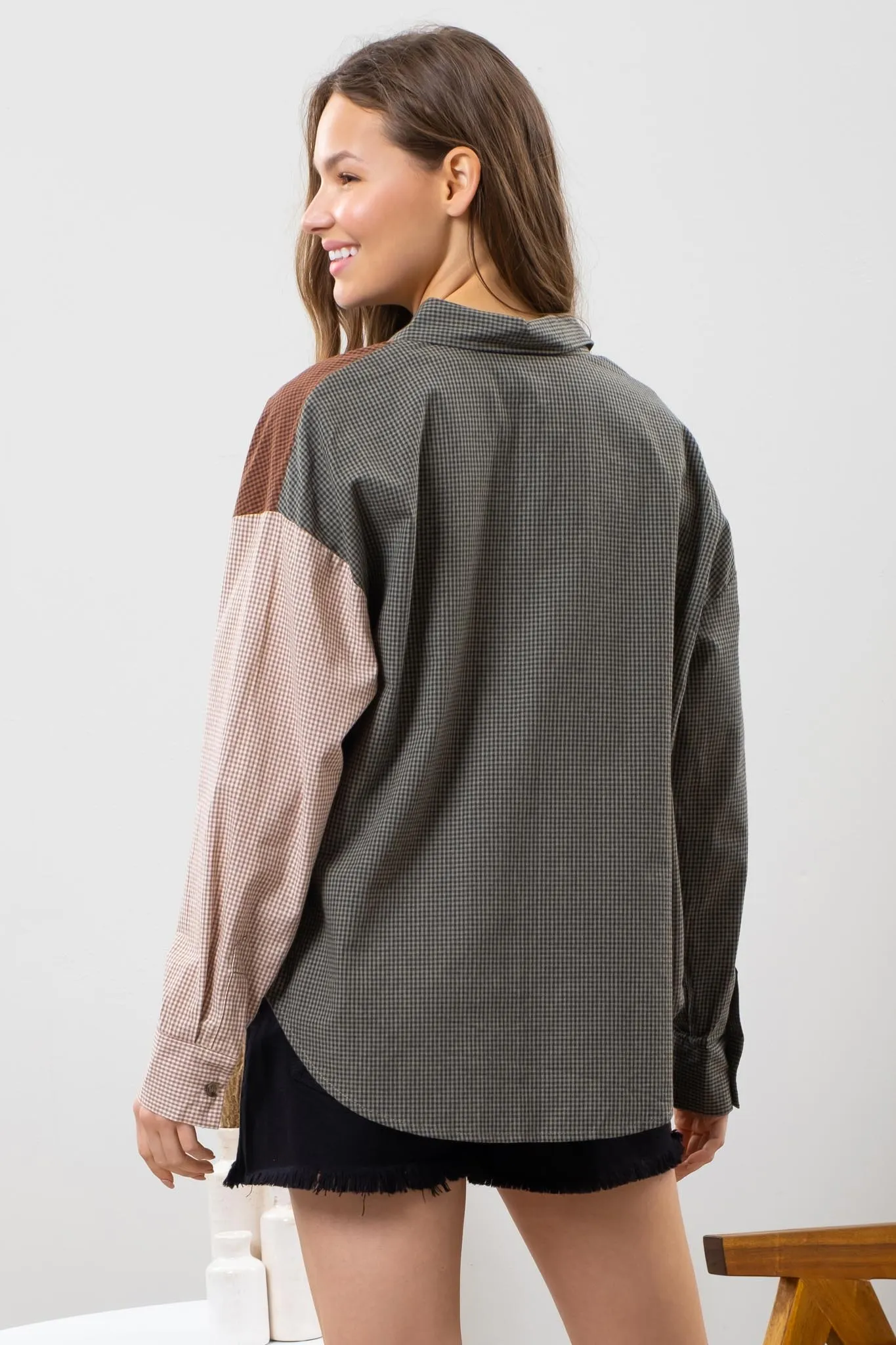 PLAID COLORBLOCK BUTTON DOWN TOP sold by Blu Pepper product image thumbnail 2