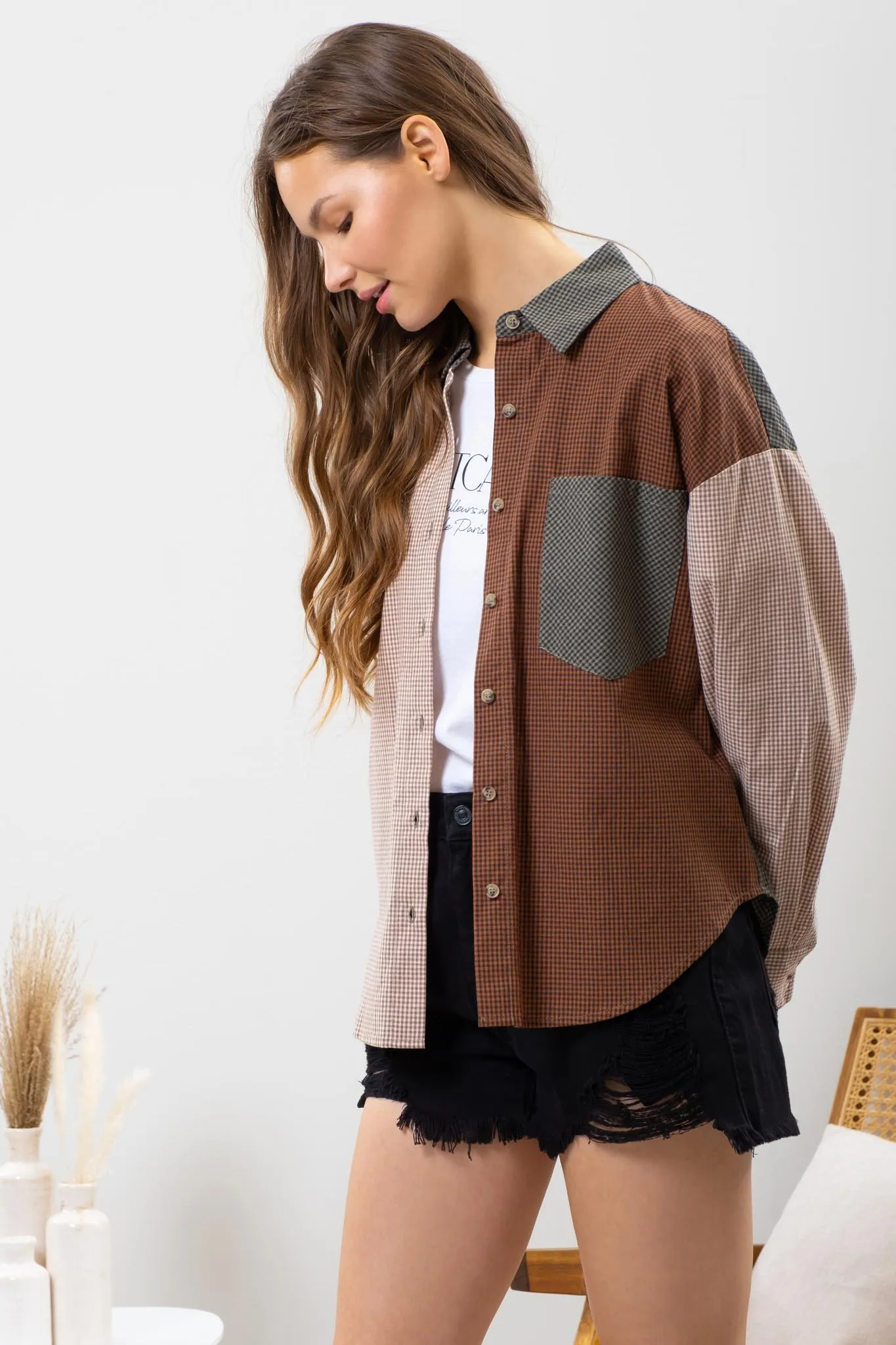 PLAID COLORBLOCK BUTTON DOWN TOP sold by Blu Pepper product image thumbnail 3