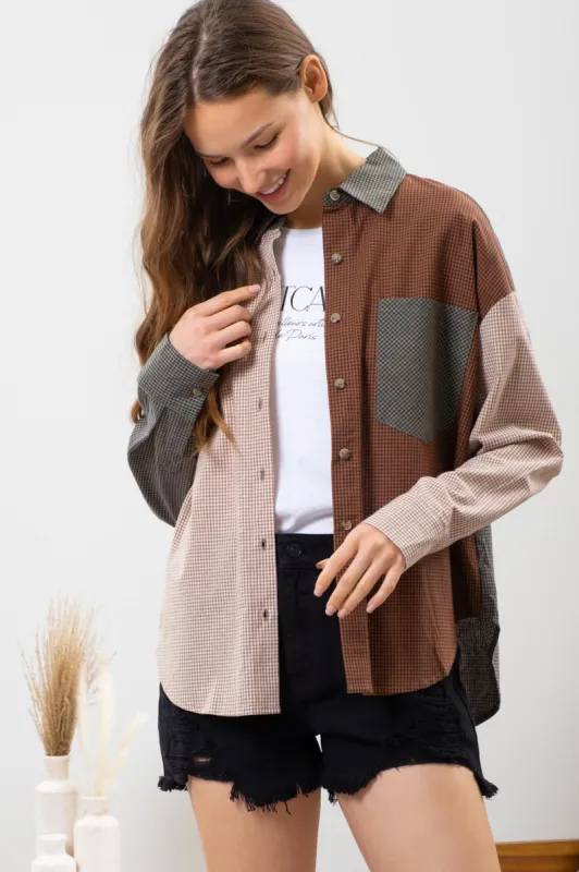 PLAID COLORBLOCK BUTTON DOWN TOP sold by Blu Pepper