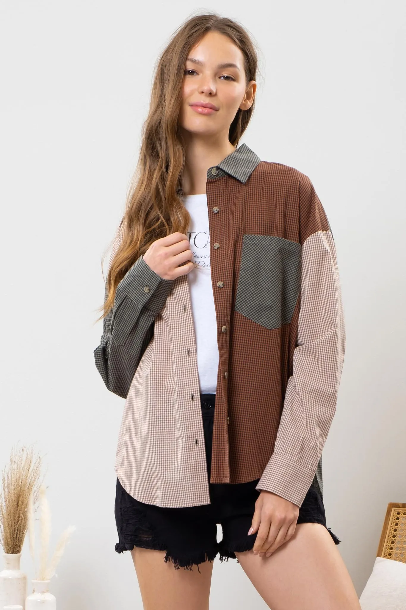 PLAID COLORBLOCK BUTTON DOWN TOP sold by Blu Pepper product image thumbnail 4