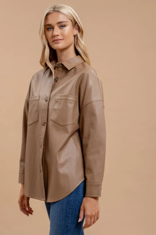 FAUX LEATHER BUTTON DOWN SHACKET sold by Blu Pepper