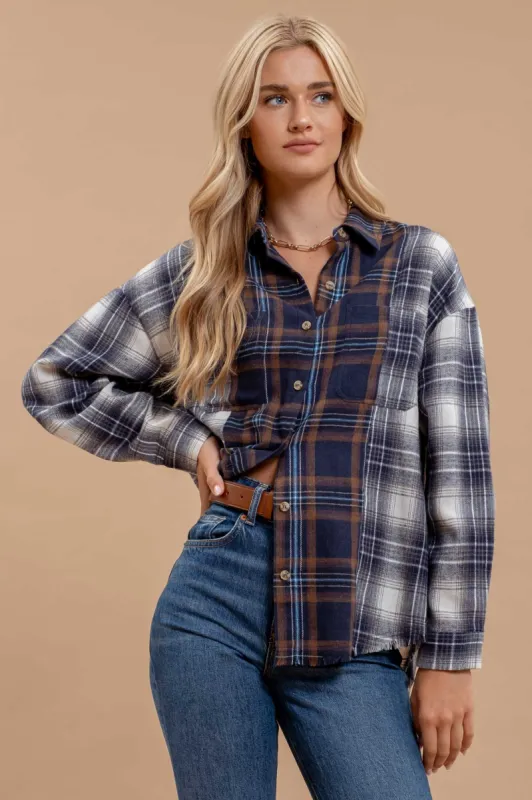 PLAID PATCHWORK BUTTON DOWN LONG SLEEVE SHIRT sold by Blu Pepper