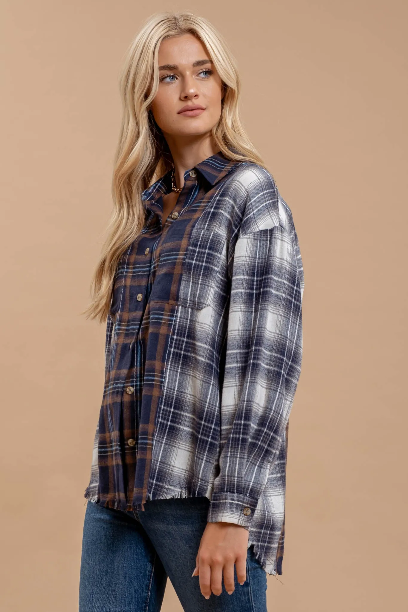 PLAID PATCHWORK BUTTON DOWN LONG SLEEVE SHIRT sold by Blu Pepper product image thumbnail 3