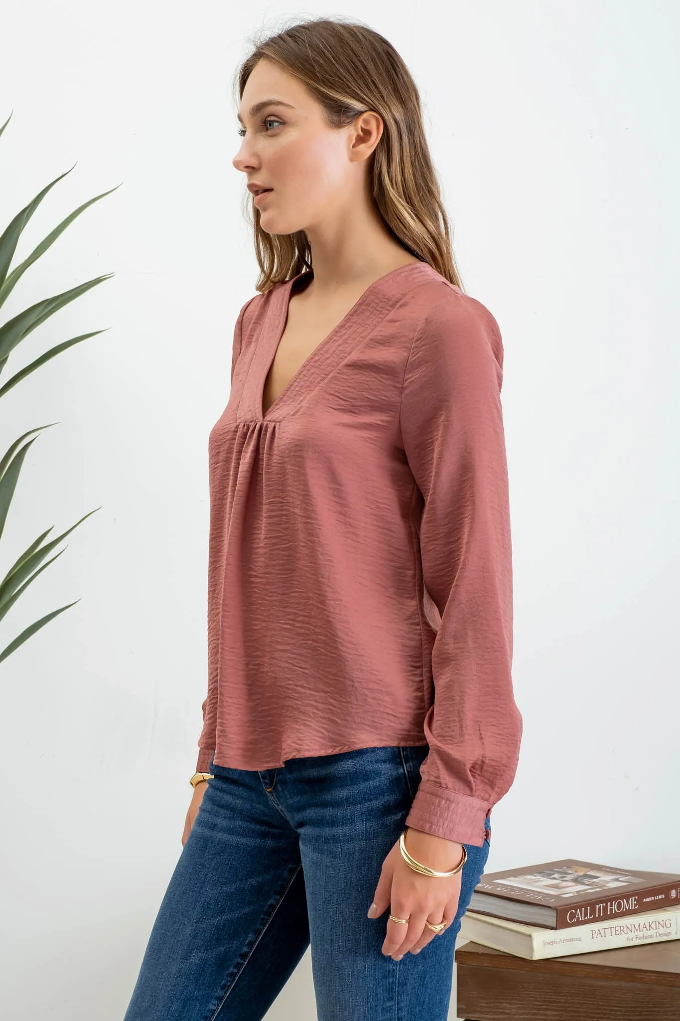 TEXTURED SATIN V NECK LONG SLEEVE BLOUSE sold by Blu Pepper product image thumbnail 3