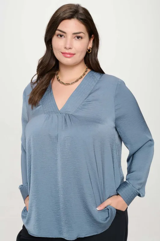 PLUS TEXTURED SATIN V NECK LONG SLEEVE BLOUSE sold by Blu Pepper