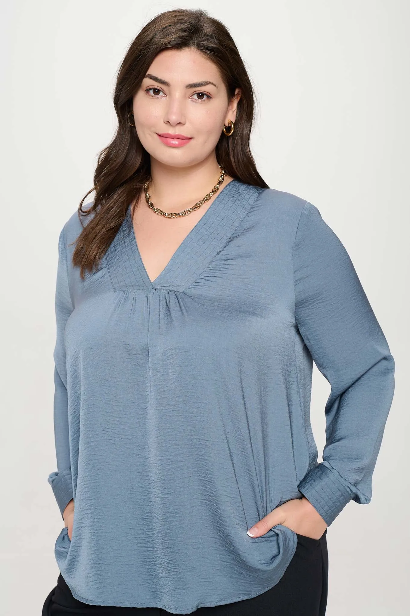 PLUS TEXTURED SATIN V NECK LONG SLEEVE BLOUSE sold by Blu Pepper