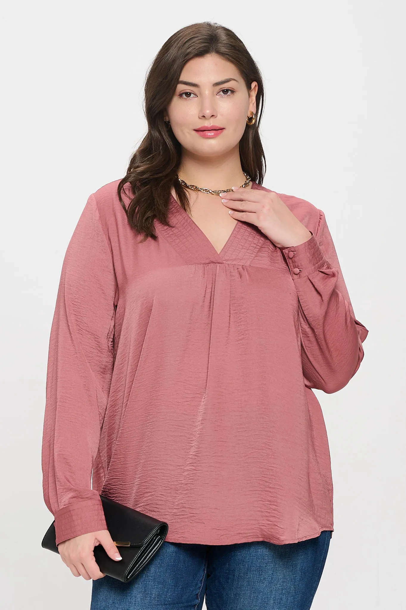 PLUS TEXTURED SATIN V NECK LONG SLEEVE BLOUSE sold by Blu Pepper product image thumbnail 5