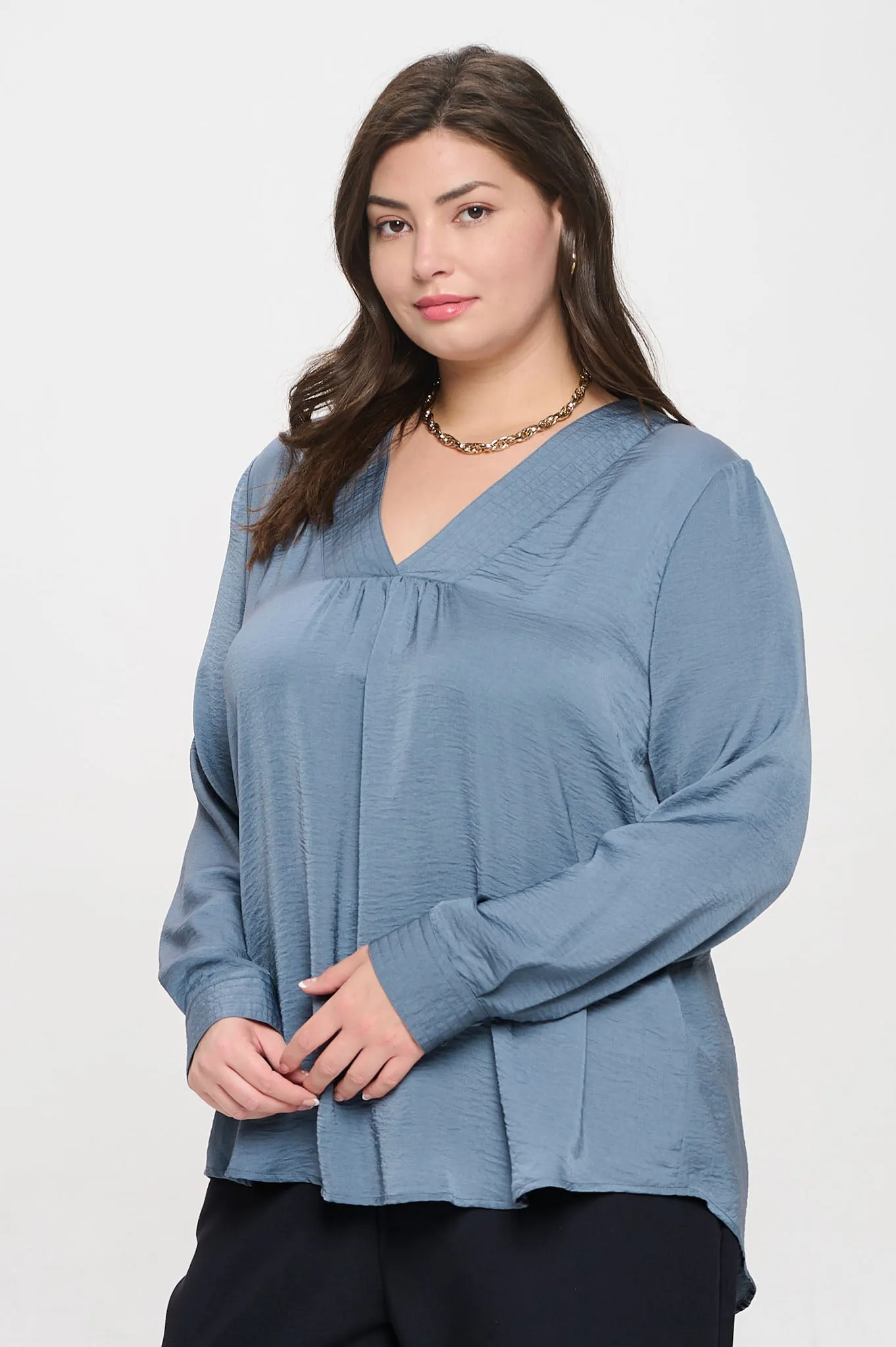 PLUS TEXTURED SATIN V NECK LONG SLEEVE BLOUSE sold by Blu Pepper product image thumbnail 3