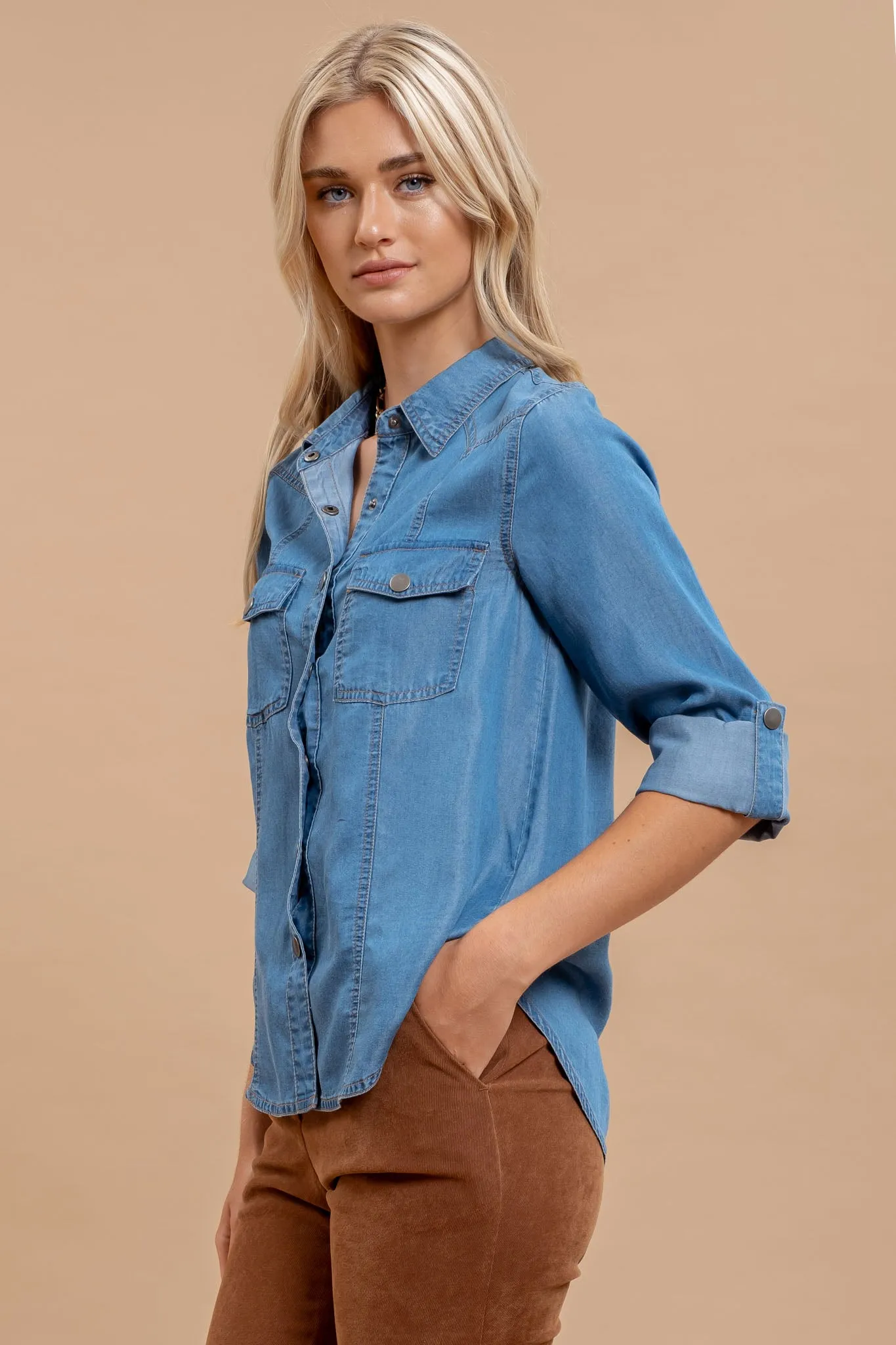 CHAMBRAY COLLARED 3/4 TAB SLEEVE BUTTON DOWN SHIRT sold by Blu Pepper product image thumbnail 3