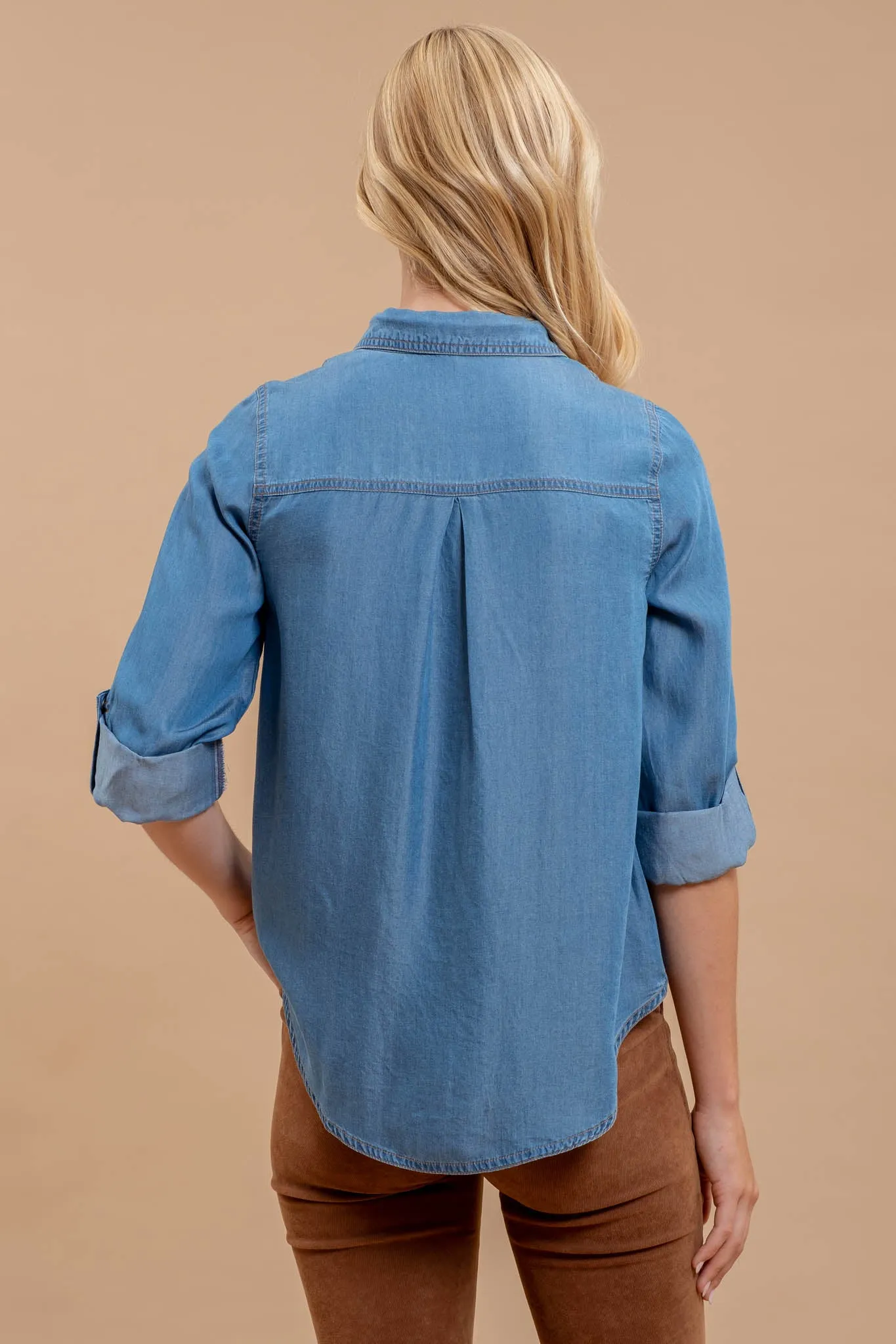 CHAMBRAY COLLARED 3/4 TAB SLEEVE BUTTON DOWN SHIRT sold by Blu Pepper product image thumbnail 2