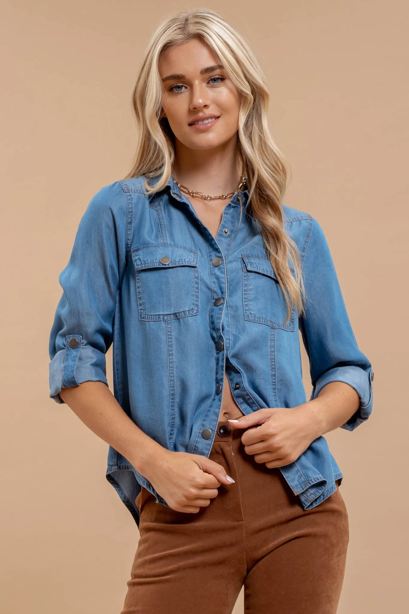 CHAMBRAY COLLARED 3/4 TAB SLEEVE BUTTON DOWN SHIRT sold by Blu Pepper