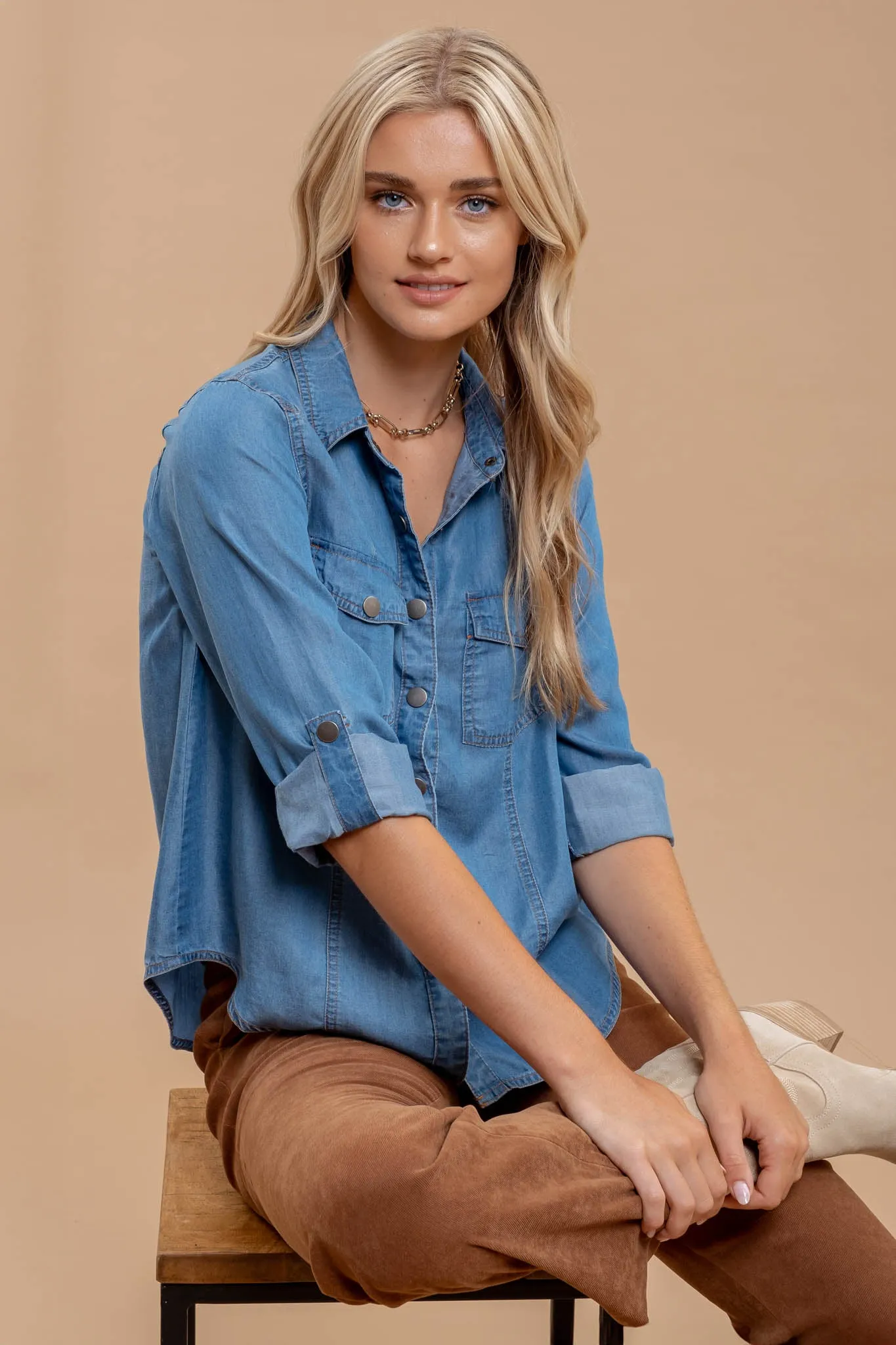 CHAMBRAY COLLARED 3/4 TAB SLEEVE BUTTON DOWN SHIRT sold by Blu Pepper product image thumbnail 4