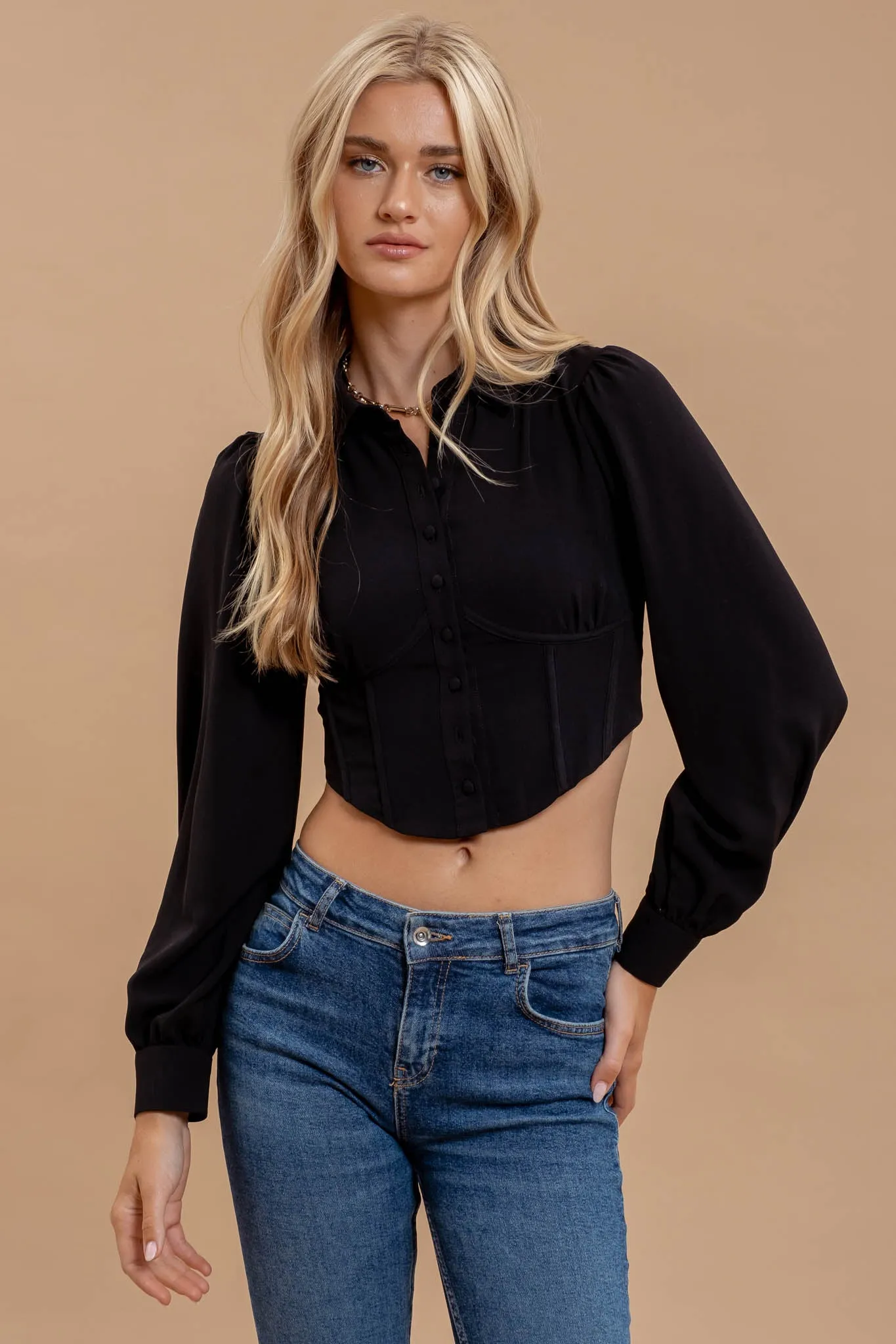 COLLARED BUTTON DOWN LONG SLEEVE CORSET TOP sold by Blu Pepper product image thumbnail 5
