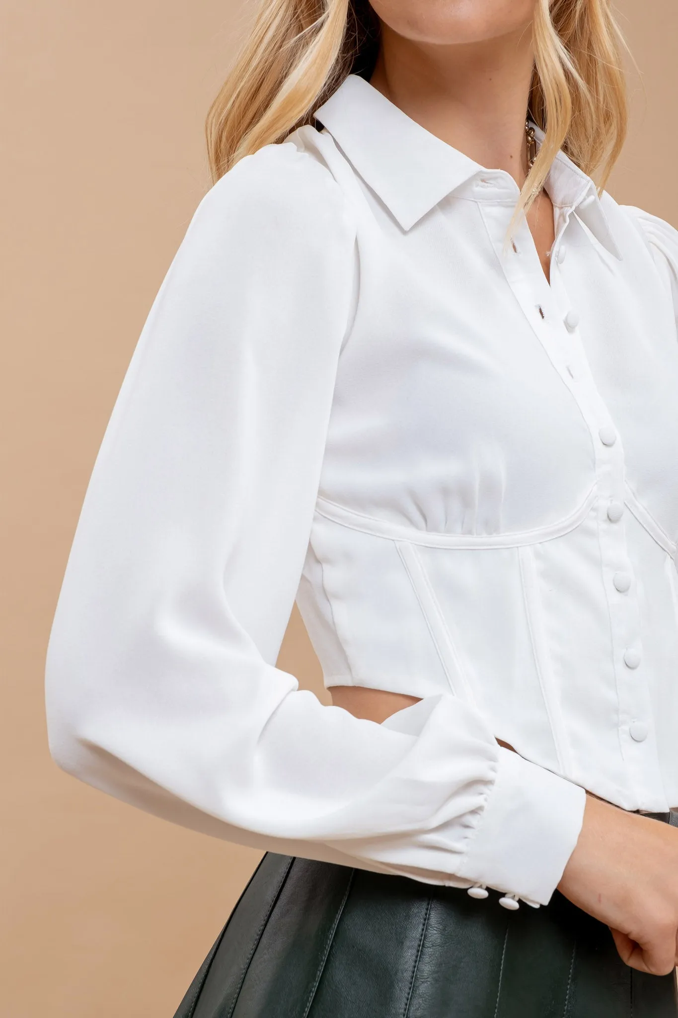 COLLARED BUTTON DOWN LONG SLEEVE CORSET TOP sold by Blu Pepper product image thumbnail 4