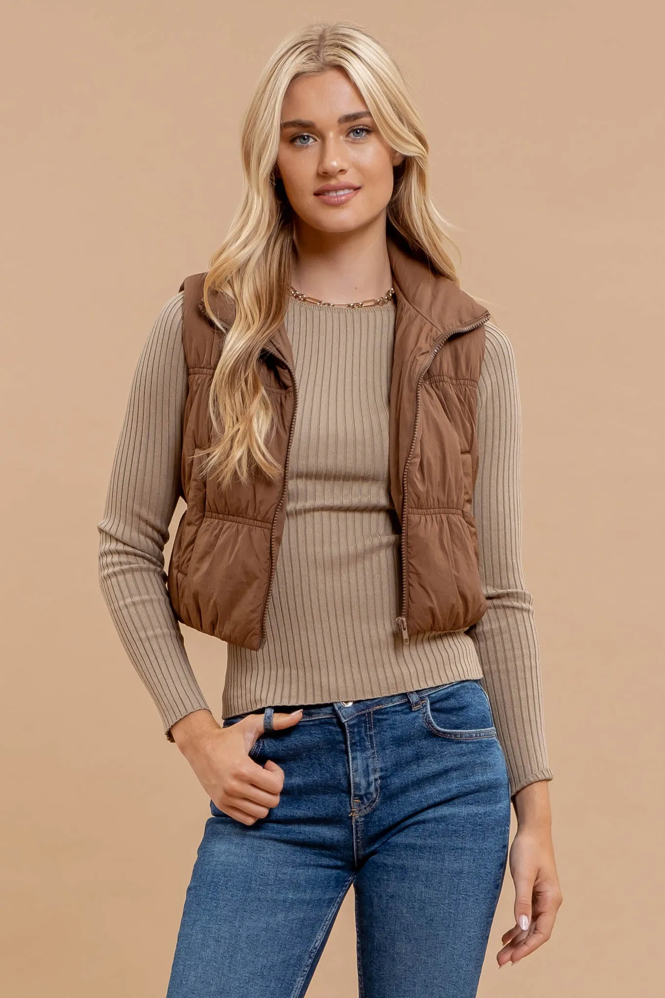 COLLARED ZIP UP CROPPED PUFFER VEST sold by Blu Pepper